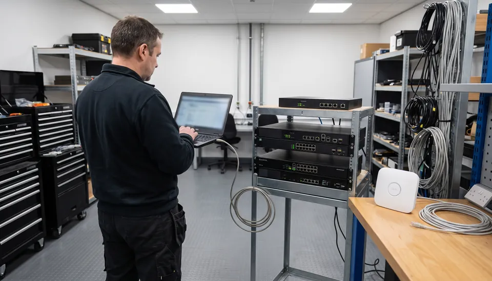 Engineer testing network security equipment in a laboratory