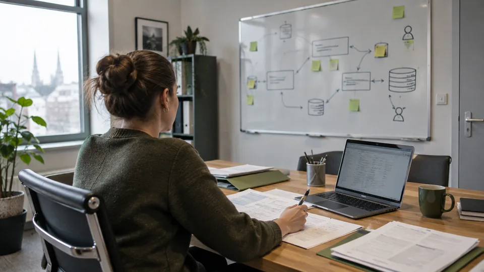 Privacy consultant mapping personal data flows with folders and a whiteboard in an ordinary office.