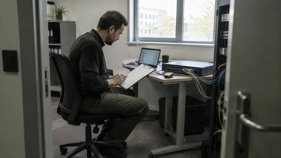 Network assessor reviewing a remediation checklist beside a test switch and ethernet cables.